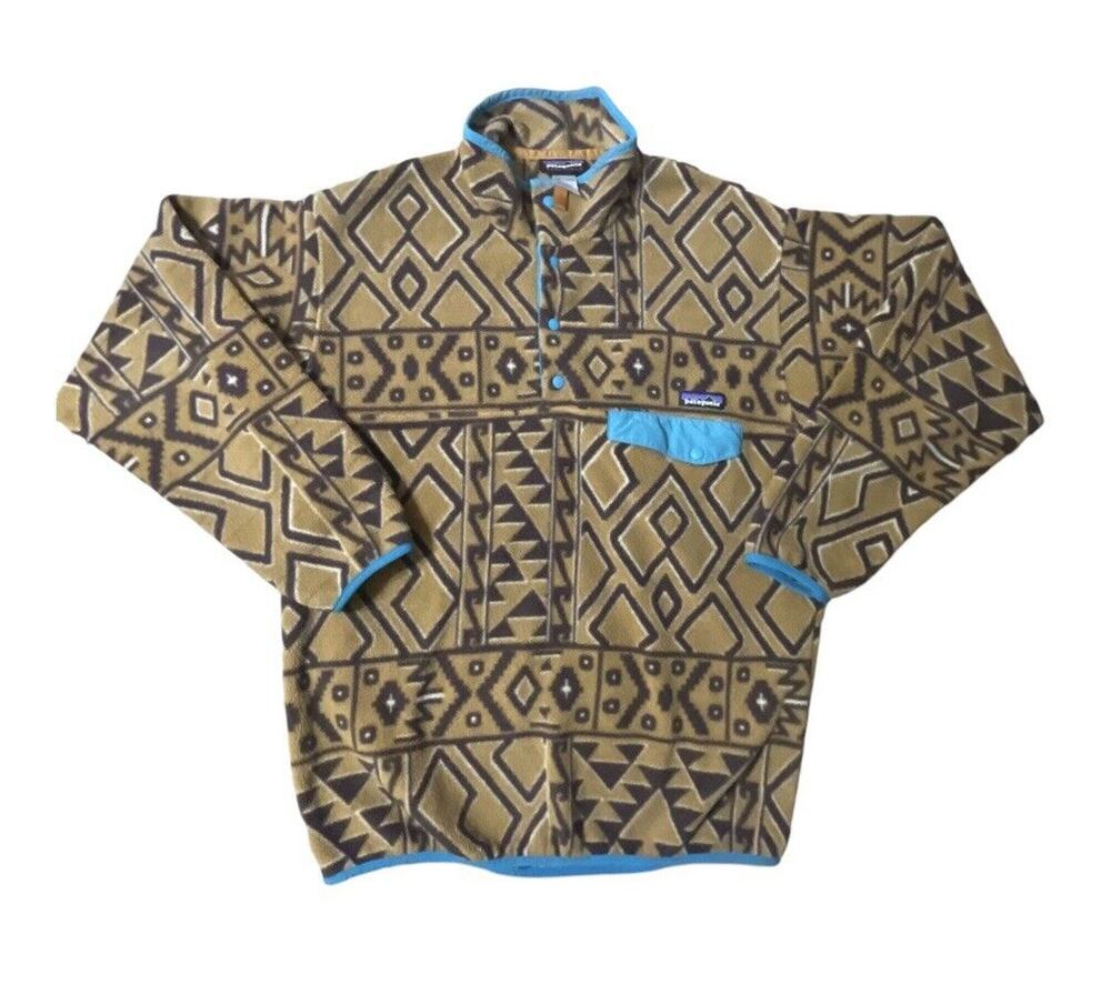 Patagonia Synchilla Jacket Mens Medium Brown T-Snap Pullover Fleece Aztec RARE